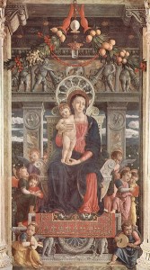 Andrea Mantegna: Pala di San Zeno - particolare dello scomparto centrale con la Madonna in trono col Bambino.